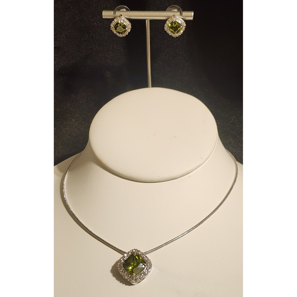 Olive Green Cushion Cut Halo Necklace and Stud Earrings Jewelry Set Silver Tone